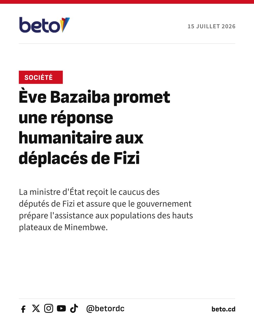 Ève Bazaiba promet une réponse humanitaire aux déplacés de Fizi